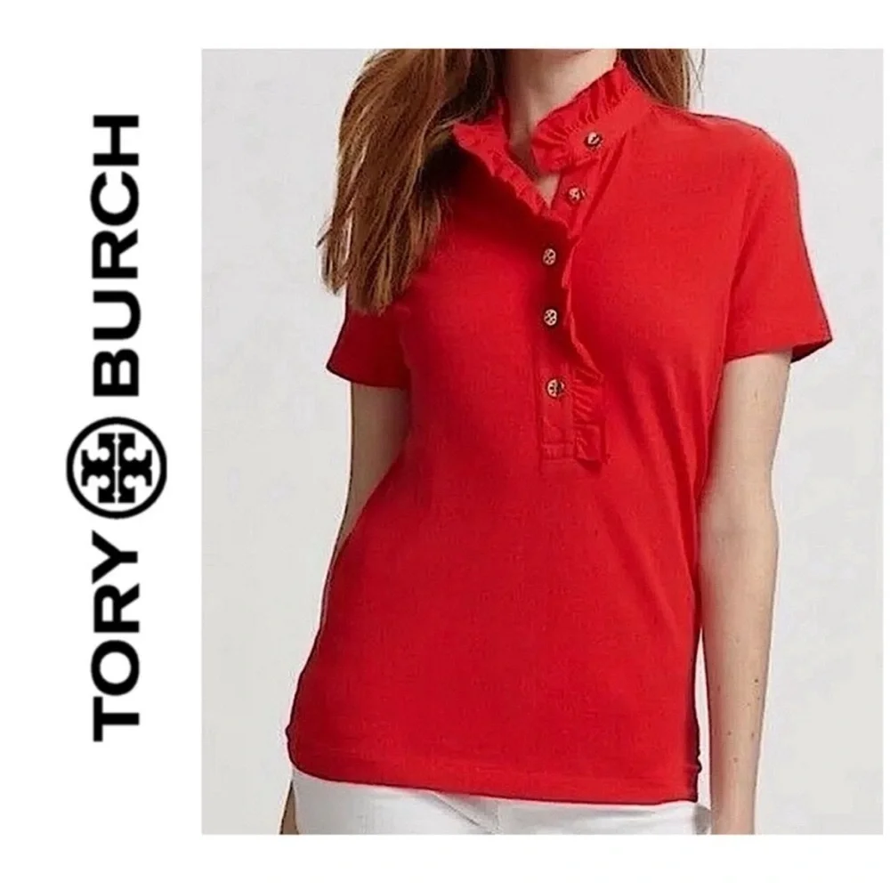 Tory Burch Lidia Ruffled Polo Shirt Red With Gold Logo Buttons Top Sz M